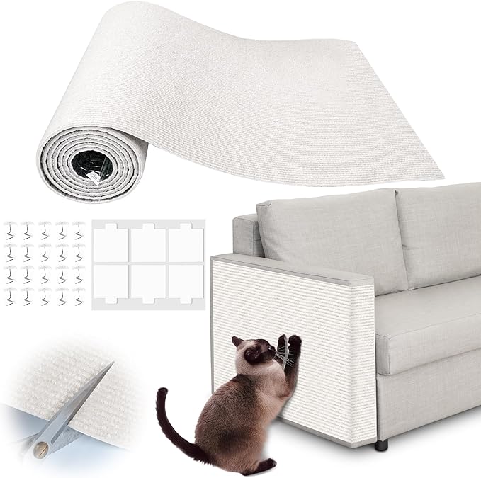Cat Scratch Furniture Protector - 138" x 15.8" Trimmable Self-Adhesive Cats Claws Scratch Pads, DIY Cat Climbing Couch Protector for Scratch Post Cat Tree Replacement Indoor (Cream White)