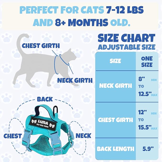 Custom Blue Tactical Cat Harness and Leash Escape Proof Adjustable Vest with Reflective Strips and Personalized Patch Soft Breathable Outdoor Gear for Walking Training Fits Cats 7-12 lbs