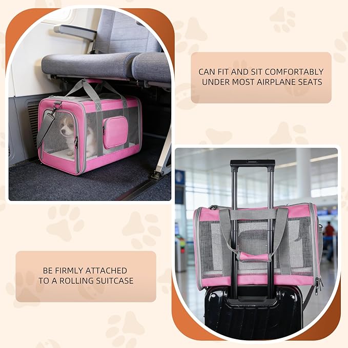 Cat Carrier for Large Cats up to 20 Lbs,Soft-Sided Pet Carrier for Large and Medium Cats, Small Dogs,Puppies,Collapsible Dog Carrier Travel Bag with 2 Storage Bags,4 Mesh Windows (Pink, Medium)