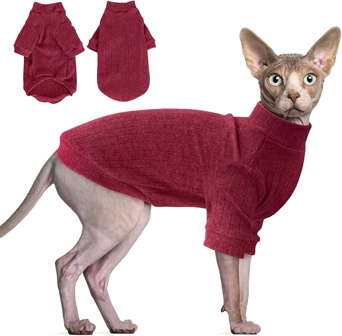 Idepet Sphynx Hairless Cats Sweater Shirt Kitten Soft Puppy Clothes Pullover Cute Cat Pajamas Jumpsuit Cotton Apparel Pet Winter Turtleneck for Cats and Teacup Chihuahua Small Dogs(Red,XS)