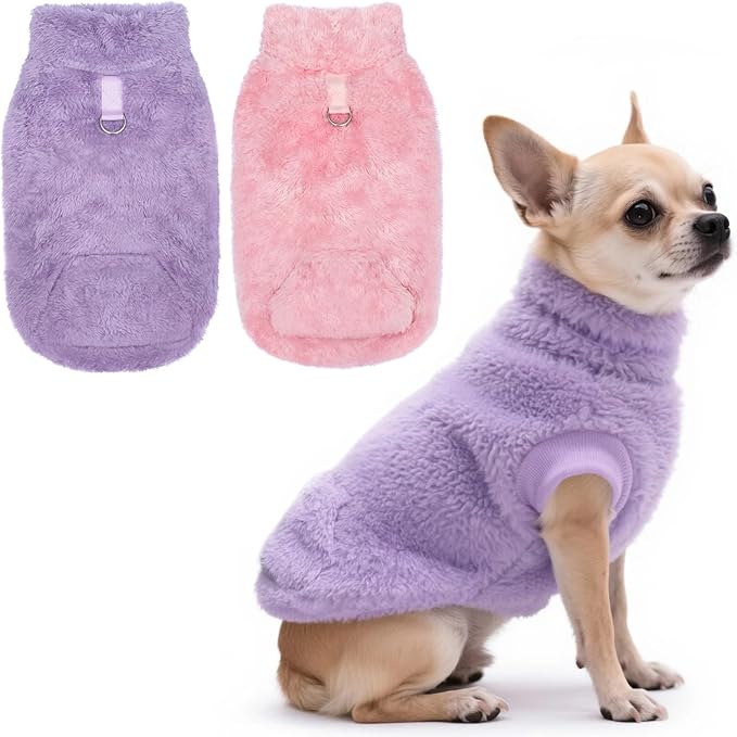 Idepet Fleece Dog Sweater Vest 2 Pack, Small Dog Clothes Sleeveless with Leash Ring and Pocket, Warm Puppy Sweatshirt Pet Cold Weather Pullover for Cats (Pink+Purple, Large)