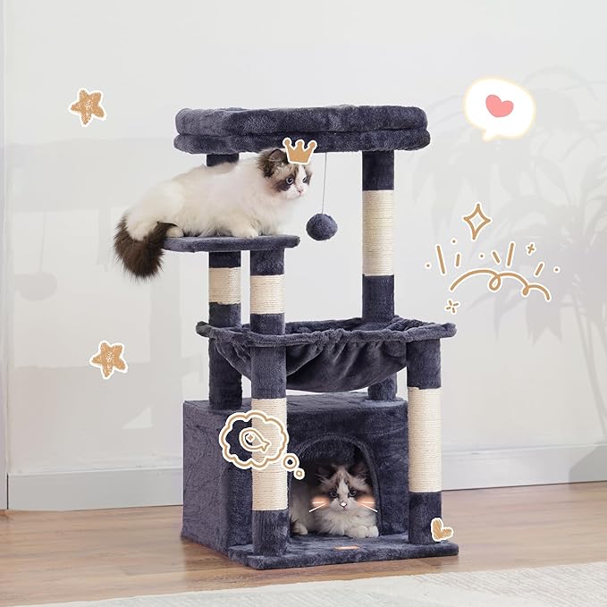 Heybly Cat Tree, Kitten Tower with Large Soft Cat Basket,Cat Condo with Spacious Cat Bed Cave with Hidden Space，Sisal-Covered Scratching Posts,Dangling Ball for Indoor Cats, Smoky Gray HCT008SG