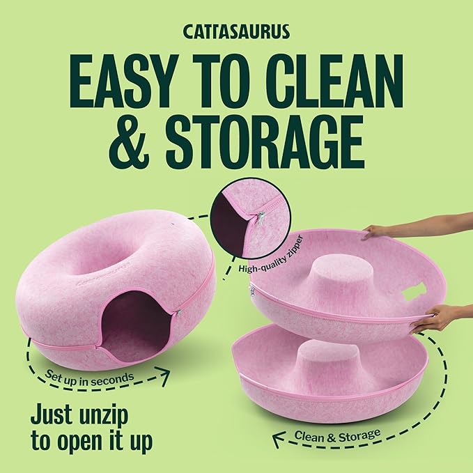 Cattasaurus Peekaboo Cat Cave Donut for Multiple & Large Cats up to 30-45 lbs, 3-in-1 Self Warming Cat Bed, Tunnel & Scratcher for Indoor Cats, Washable & Detachable Small Dog Bed (Pink, Jumbo)
