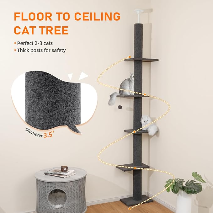 Cat Craft Floor-to-Ceiling Cat Tower, Adjustable 95-108 Inch Tall Carpet Cat Pole with Sisal Scratching Post & Mat, Stable Indoor Activity Furniture for Kitten & Adult Cats, Charcoal