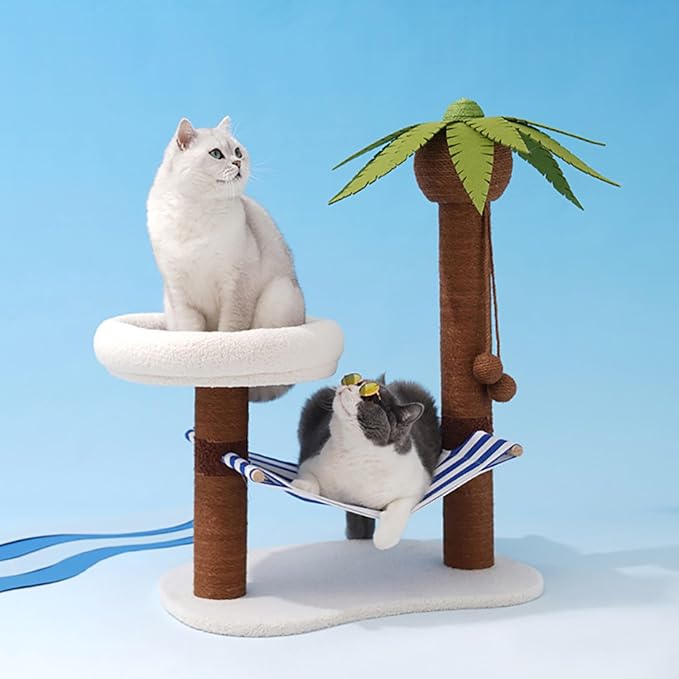 ZEZE Summer Coconut Island Cat Tree with Hammock & Bed — Tropical Palm Tree Cat Scratching Post, Cozy Plush Cat Nest, Sisal Rope Climbing Tower for Indoor Cats, Stable Base