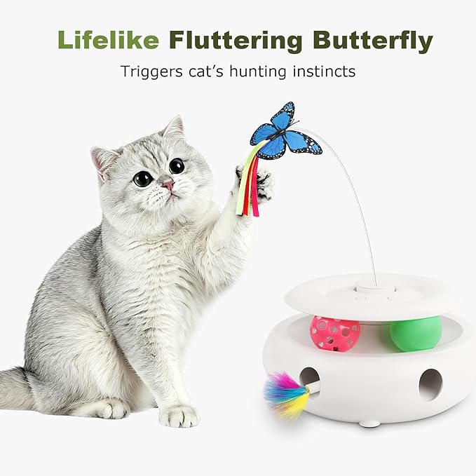 Cat Toys for Indoor Cats, 3-in-1 Interactive Cat Toy Automatic Kitten Toys with Fluttering Butterfly, Ambush Feather and Track Balls, Smart Sensor Wake-Up,USB Powered, Exercise & Boredom Relief