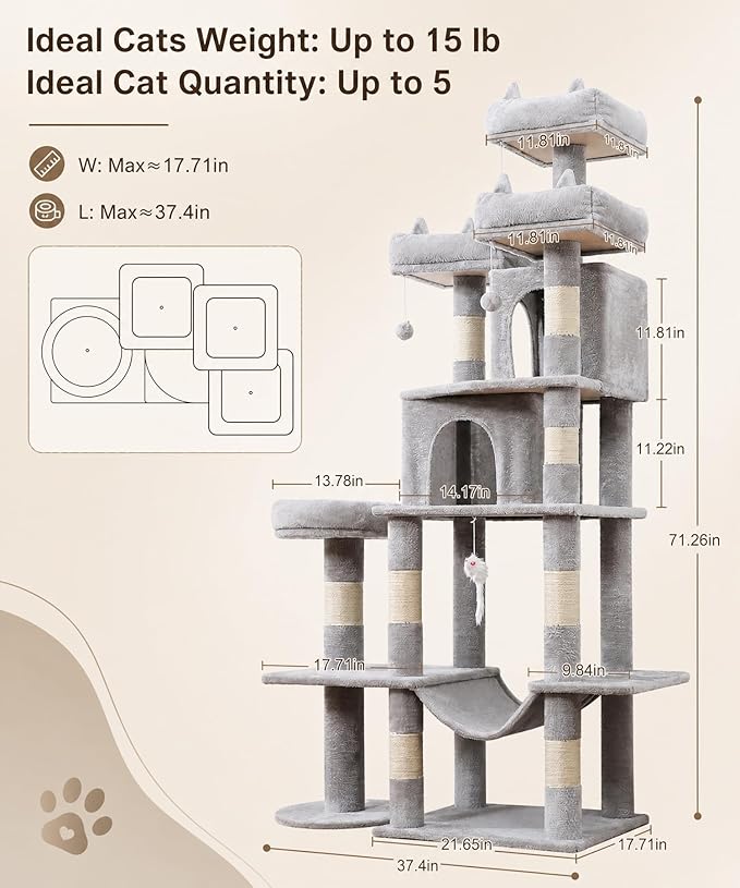 Heavy Duty Cat Tree for Indoor Cat, 71 Inch Large Cat Tower with Scratching Post and Top Perch, Hammock, Big Cat Condo for Adult Cats Kittens, PMT03GY, Grey