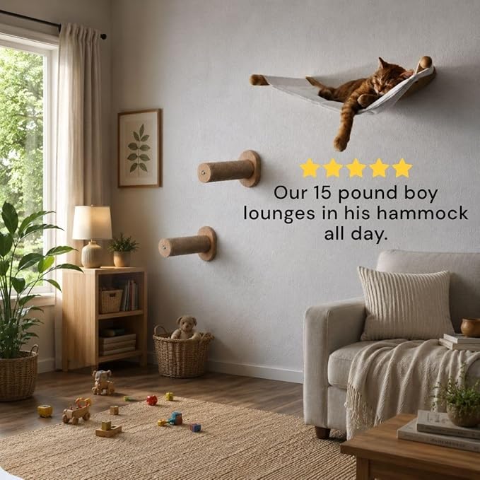 7 Ruby Road Alto Cat Wall Hammock Set — Wall Mounted Cat Shelves & Furniture with Climbing Steps for Large Cats, Holds 35 lbs, Indoor Climbing & Lounging, Replaceable Cushion