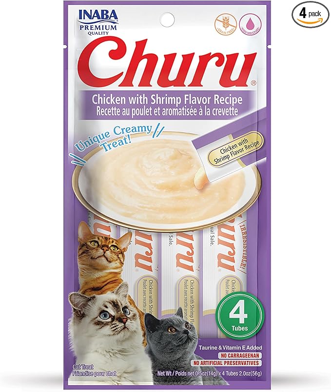 INABA Churu Lickable Purée Natural Cat Treats (Chicken with Shrimp Recipe, 4 Tubes)