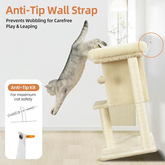 Cat Tree Tower Scratching Post for Indoor Large Cats, Small Cat Tree with Big Perch Bed, 28in Tall Trees House with Condo Cave, Toy Balls, Modern Climbing Furniture Platform for Kitten (Beige)