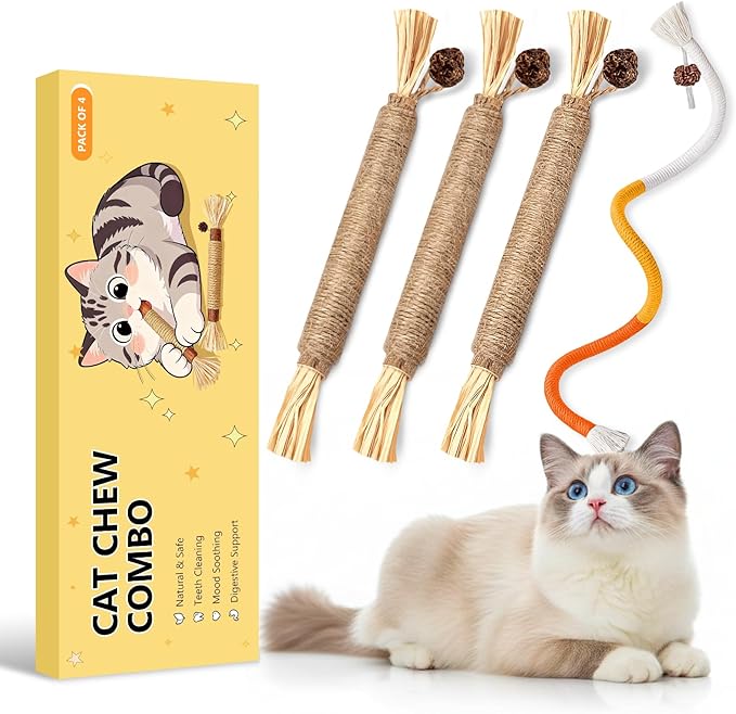 Cat Toys for Indoor Cats, 3 Pcs Silvervine Sticks & 1 Pc Cat Chew Rope for Teeth Cleaning, Interactive Dental Sticks with Catnip for Cat Enrichment, Kitten Chew Toys Teething for All Breeds Orange