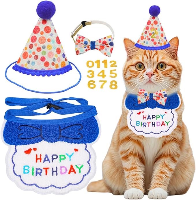 Cat Birthday Party Supplies, Girl Boy Cat Kitten Birthday Bandana Hat Numbers Decorations Outfits Set, Blue