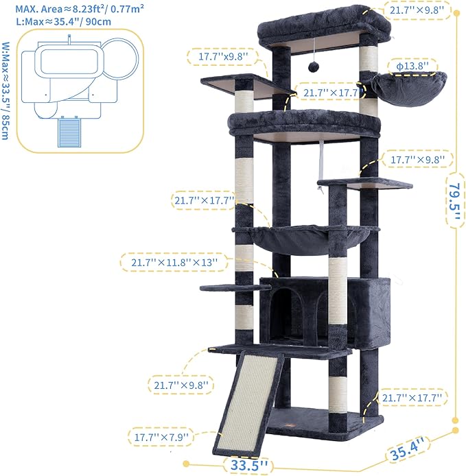 Heybly Tall Cat Tree for Large Cat, 80-inch Multi-Level Cat Tower for Indoor Cats with Large Baseboard, Condo Furniture with 2 Widened Plush Perches,Scratching Board and Big Caves, Smoky Gray HCT038G