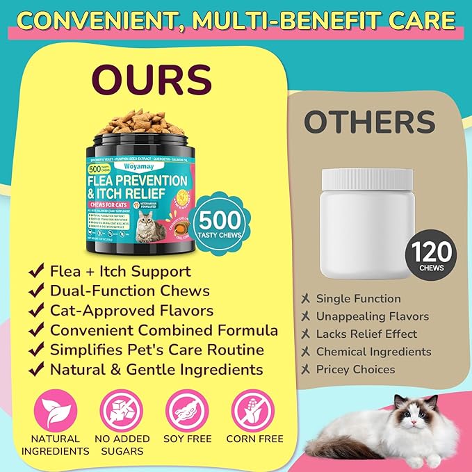 Woyamay Flea Treatment for Cats & Itch Relief Chews, 500 Crunchy Cat Flea Treatment Chews, Cat Itchy Skin Relief, Cat Itching Relief & Skin Care, Flea Prevention for Cats, Chicken Flavor