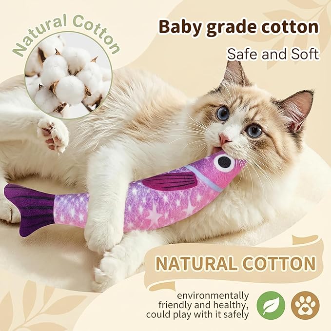 Cat Toys with 5000mg A+Natural Catnip & Bell, Interactive Soft Chew Kicker Cat Toys for Indoor Cats & Kittens, [Crinkle &Bell] Fish Sound Toy, 2 Pack Fish Cat Toys Yellow Purple