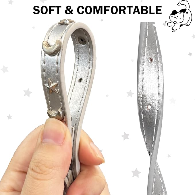 Leather Cat Collars for Boy Girl Cats with Bell and Safety Elastic Belt, Personalized Star and Moon Stud Adjustable Safe Buckle Collar for Kitty Small Big Cats Size 8-12 Inch, Silver Grey
