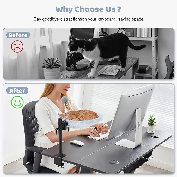 Odoland Cat Desk Bed, 360° Rotatable Adjustable Height Cat Hammock Bed for Home Office, Comfortable Soft Desk Kitten Nest with 2 Washable Fabrics for All Seasons