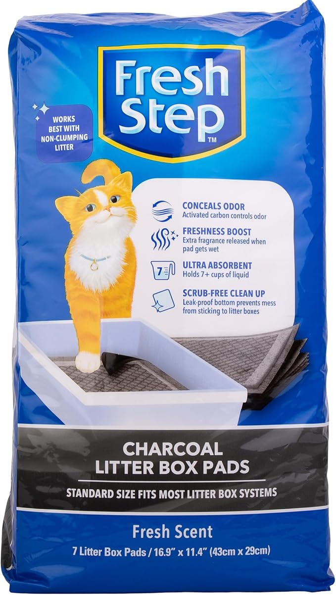 Fresh Step Charcoal Litter Box Pads with Activated Carbon for Odor Control, Ultra-Absorbent with Leak-Proof Bottom for Scrub-Free Cleanup, 16.9 x 11.4 Inches, 7 Count