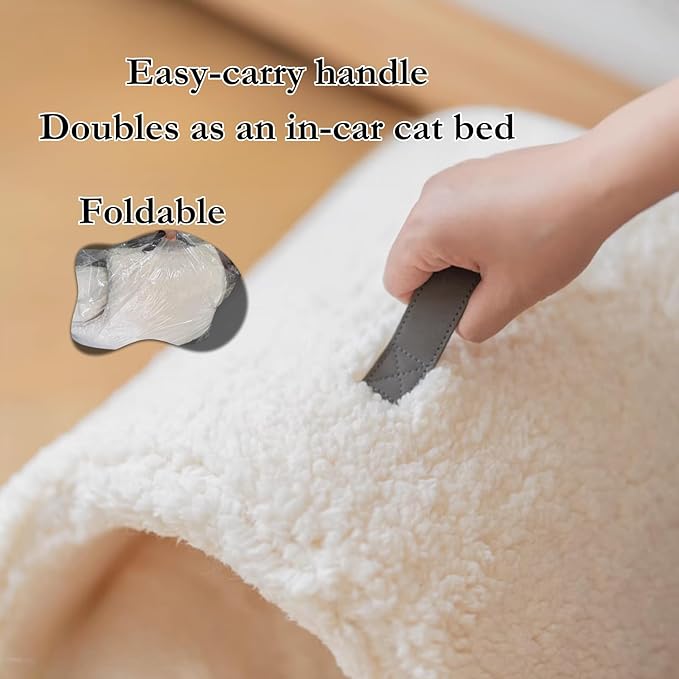 Cat Sherpa Cradle Cave, Plush Snuggle Winter Portable Warm Nest with Handle, Foldable Travel-Friendly Bed for Car and Home (Snow)