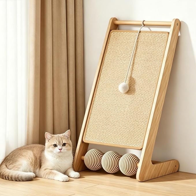 Sisal Cat Scratching Board, 23" Scratching Ramp for Indoor Kitty, L-Shaped Wooden Cat Furniture with Hanging Ball, Multi-Functional Cat Toy, Meets Scratching, Tapping & Pouncing Needs