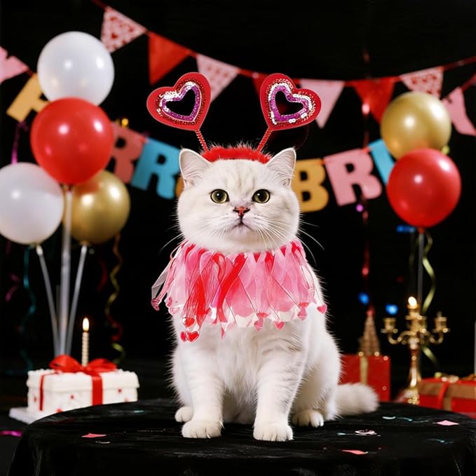 2 Pcs Valentines Day Pet Costumes - Small Dog & Cat Valentines Outfit (Collar and Headband), Red and Pink Themed Apparel for Small Pets