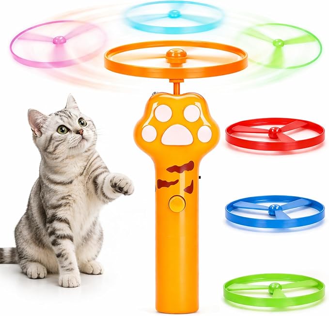 Cat Fetch Toy, Rechargeable Flying Disc Launcher Toy with 6 Flying Discs, Interactive Cat Toy for Indoor Cats, Cat Chase Toy for Bored Indoor Cats, Kittens & Adult Cats