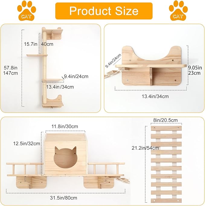 NOVGOBHOT Cat Shelves for Wall – Cat Climbing Furniture Set for Large Cats with House, Bridge Ladder, 3 Scratching Posts & 5 Steps