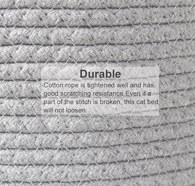 Large Cat Bed Basket Round Cotton Rope Woven - Calming Rope Bed Sleep Surface 17.7 inches(45 cm),Cozy Scratching Indoor Pet Bed for a Large Cat or 2 Small Cats,Fit up to 20 lbs Pets,Washable,Grey