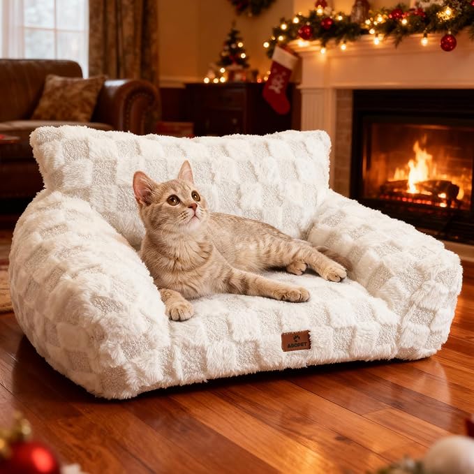 ABCPET Cat Bed Cats Couch for Puppy and Kitten, Fluffy Pet Couch Small Dog Sofa Bed, Supportive Cat Sofa for Indoor Cats, Washable Cover & Non-Slip, 26 inch, White