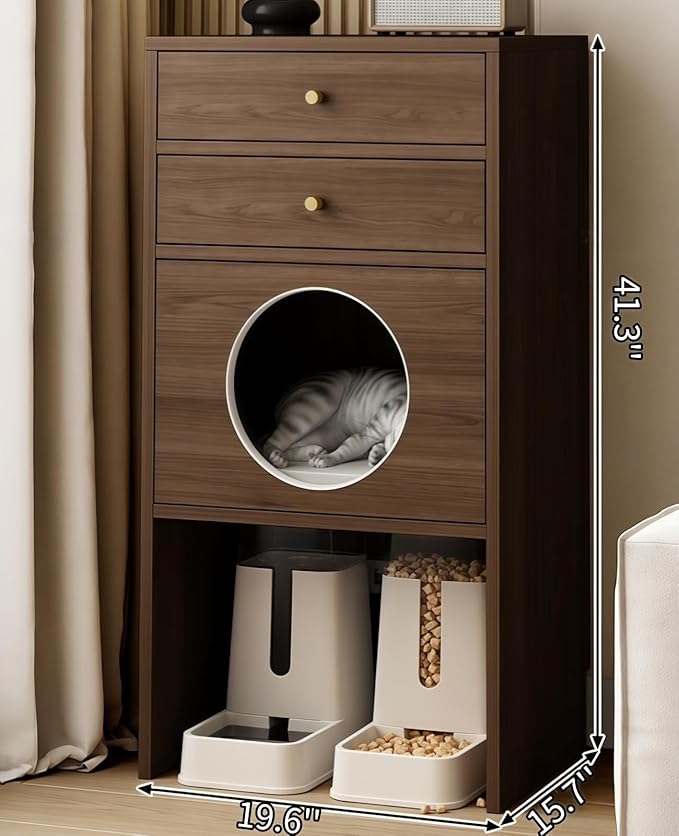 Multi-Function Cat House Furniture, Solid Wood Cat Condo with Storage Drawer, Pet Bed & Feeding Area, Compact Cat Cabinet (Walnut,19.6" L*15.7" W*41.3" H)