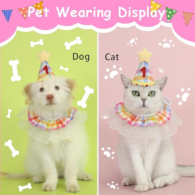 Cat Birthday Decorations- Pet Cat Dog Birthday Hat with Number Kitten Puppy Princess Costume Outfit Cute Lace Bandana Scarf Party Apparel for Small Medium Cats & Dogs