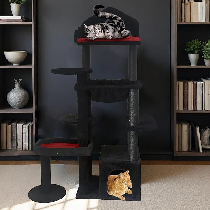 Gothic Cat Tree Tower with Coffin Bed, Multi-Level Spooky Cat Furniture for Indoor Cats, Black Cat Tree with Scratching Posts, Hammock & Cat Cave for Multiple Cats (58in-A)