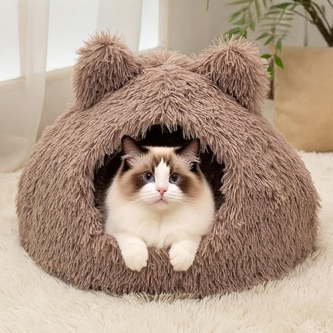 Cute Cat Bed, Plush Cat Cave Bed for Indoor Cats, Self-Warming Cave with Washable Cushion & Anti-Slip Bottom, Cozy Soft Pet Cats House for Kittens Small Dogs (Brown, 18.8 ×18.8 in)