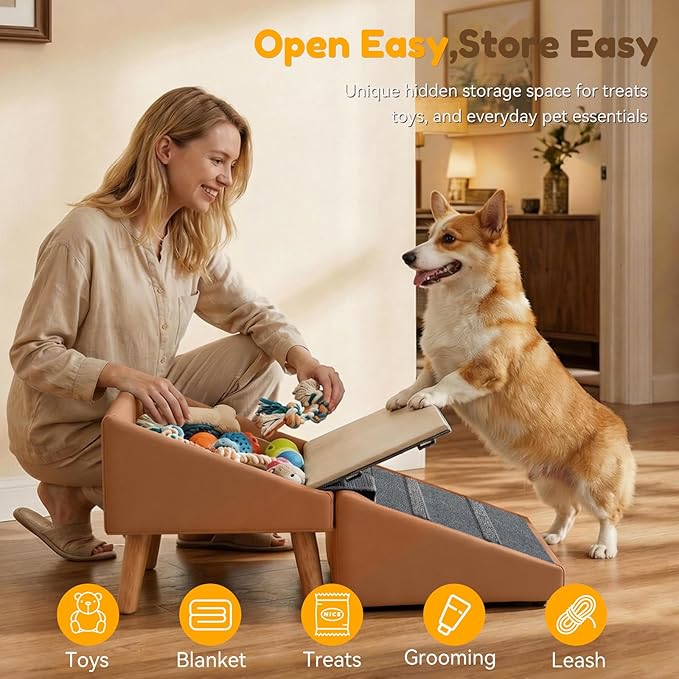 Dog Ramp & Stairs for Couch Sofas, 18.5" Extra Wide Pet Steps for Small Dogs, 15.7" H 3-in-1 Foldable Ottoman & Hidden Storage Design, Non-Slip Dog Ramp for Senior & Injured Pets (Camel)