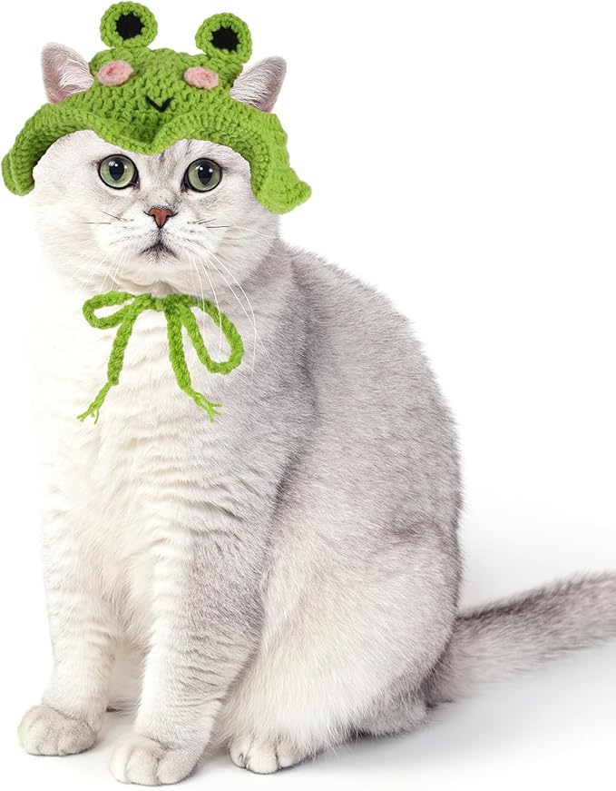 Piriuuo Frog Cat Hat, Cotton & Soft Cute Knitted Hats for Cats Frog Crochet Cat Hats for Cats Only Cute Puppy Hat for Small Pets on Christmas Birthday Party Halloween (Green, S)
