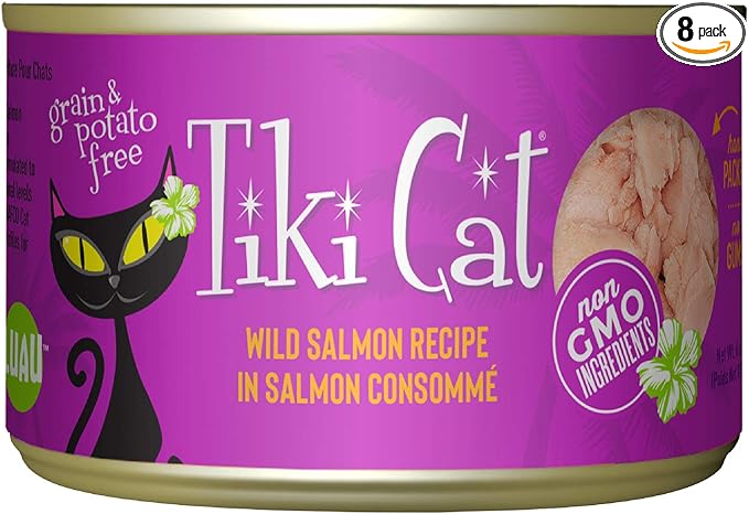 Tiki Cat Luau Shredded Meat, Wild Salmon Recipe in Salmon Consumme, Grain-Free Balanced Nutrition Wet Canned Cat Food, For All Life Stages, 6 oz. Can (8 Count)