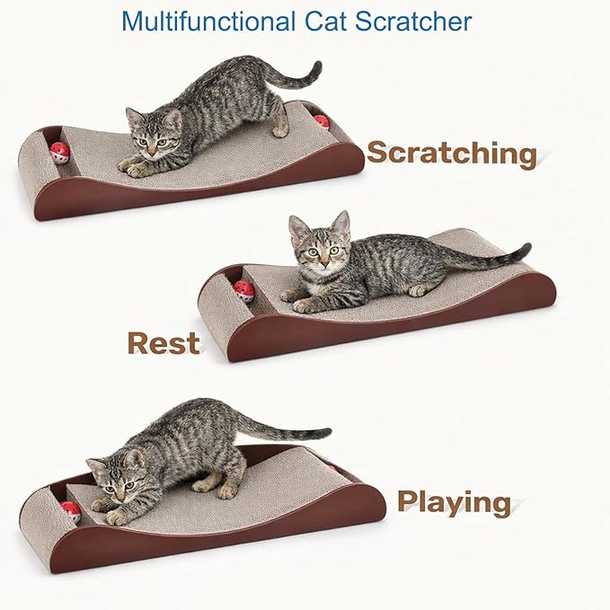 Simple Delxue 30 Inches Extra Large Cardboard Cat Scratcher Bed, Cat Lounge Bed with Bell Ball Toy，100% Recyclable & Reversible Durable Cardboard Scratching Board for Indoor Cats