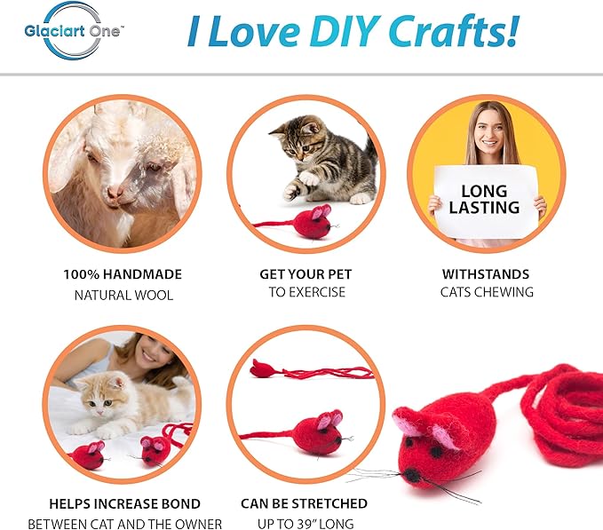 Glaciart One Felt Mouse Cat Toy – Soft Fuzzy Enrichment 100% Natural Wool - Interactive Catnip Play Cat Toy Set - Safe for Pets, Non-AZO Colored Dyes - 42” Long
