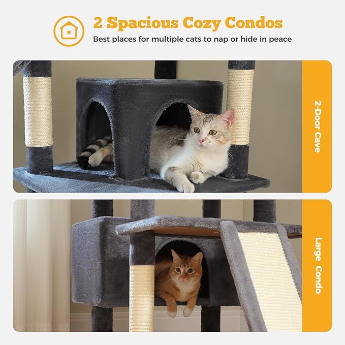 MUTTROS 81" Heavy Duty Cat Tree for Large Cats up to 20lbs - Extra Tall Cat Tower with Metal Frame Hammock, 6 Sisal Scratching Posts, 2 Perches - Indoor Cat Furniture for Maine Coon, Dark Gray