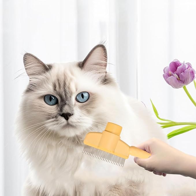 Dogs and Cats Comb with Release Button, Pet Hair Removal Tools with Safe Stainless Steel Teeth for Deshedding, Cat Grooming Supplies for Long/Short Hair, Cat Brush for Shedding, Orange