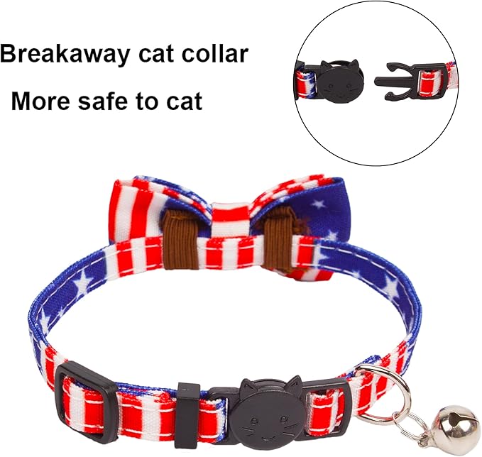 ADOGGYGO American Flag Cat Collar with Removable Bowtie Bandana, Breakaway Patriotic Kitten Collars for Cat Kitten (4th of July)