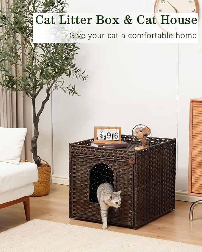 SETVSON Cat Litter Box Enclosure Furniture, Large Hidden Litter Box Furniture, Handwoven Rattan Cat House Cabinet, One Mat, Two S-Shaped Hooks, Living Room, Apartment 21.6 X 26 X 21.6 Inches, Brown