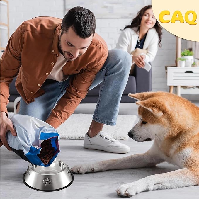 CAQ Dog Cat Bowls Stainless Steel Small Cat Dog Food Water Bowl for Indoor Stackable Pets Puppy Dish Non-Slip Removable Rubber Base Set of 2