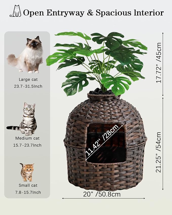 SETVSON Cat Litter Box Plant Furniture Enclosure, Hidden Handwoven Rattan with Cat Litter Box and Artificial Plants, Odor Control Filter, Real Stones in Living Room, Bedroom, Corner (Brown)