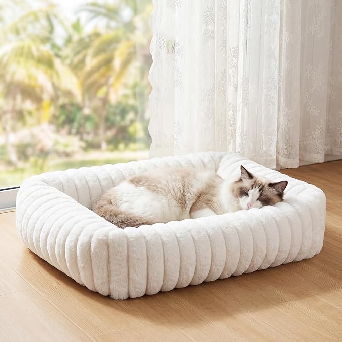 Cat Beds for Indoor Cats, Square Self Warming Cat Bed Orthopedic Pet Bed with Pillow Super Soft Rabbit Fur Small Dog Beds, Calming Plush Kitten Bed with Removable Washable Cover & Anti-Slip Bottom