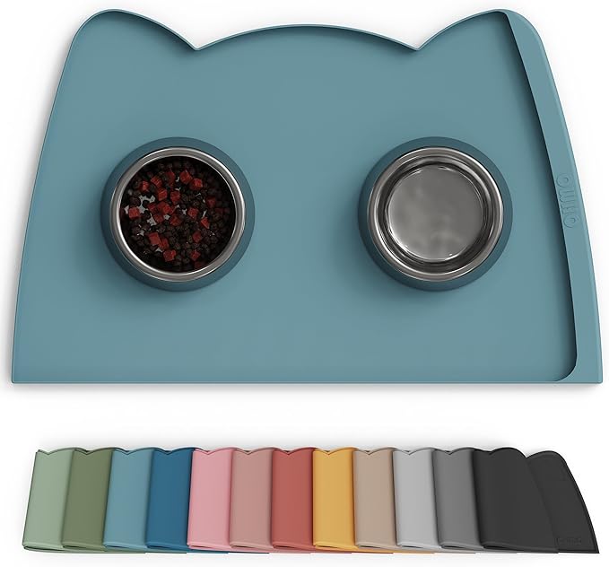 OHMO Dog Food Mat(Light Blue, 24 * 15'') w/Residue Collection Pocket Silicone Pet Feeding Mat for Floor High Edges Anti Spills Waterproof Cat Water Bowl Tray, Easy Clean Placemat