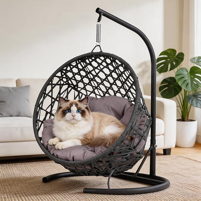 Hanging Cat Swing Bed with Stand & Cushion – Rattan Wicker Egg Chair for Cats, Small Dogs & Pets, Indoor Swinging Bed, Cozy Resting Spot, Modern Design (Gray)