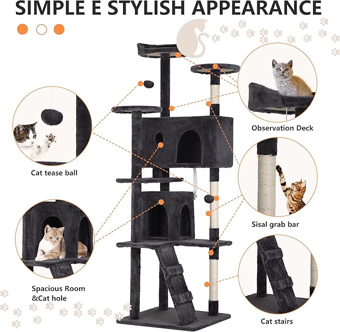 70 Inch Cat Tree Tower - Multi-Level Kitten Condo with Scratching Post, Plush Perch, Dangling Ball - Heavy Duty for Large Cats - Dark Grey