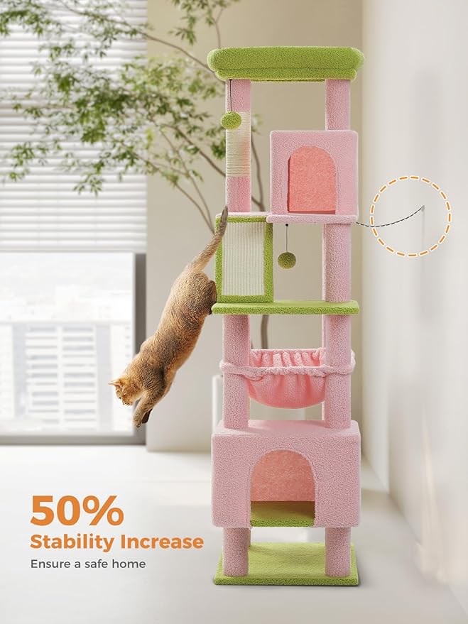 MUTTROS Pink 71" Tall Cat Tree for Large Cat 20 lbs with Super Large Hammock, Heavy Duty Cat Tower with 4 Sisal Scratching Posts & 2 Spacious Condos for Big Adult Cats Maine Coon -Green