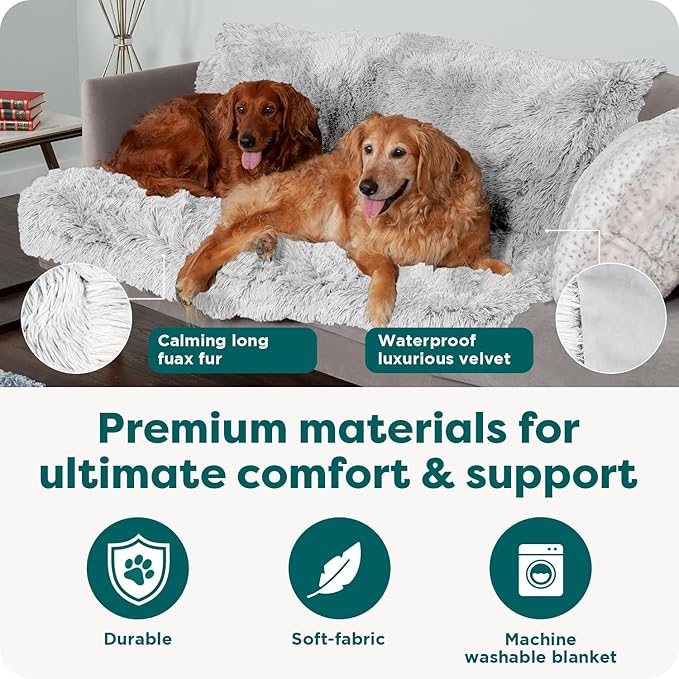 FurHaven Waterproof Throw Blanket For Dogs & Indoor Cats, Reversible Protective Pet Blanket, Medium, Long Faux Fur & Velvet, Gray